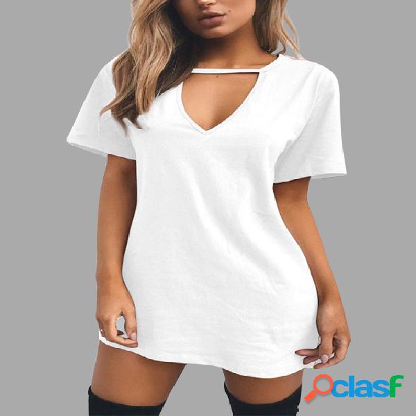 White Solid Color V-neck Short Sleeves T-Shirt Dresses