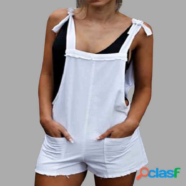 White Spaghetti Backless Playsuits with Two Large Pockets