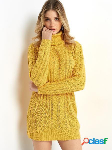 Yellow Cable Knit High Neck Long Sleeves Sweater Dress