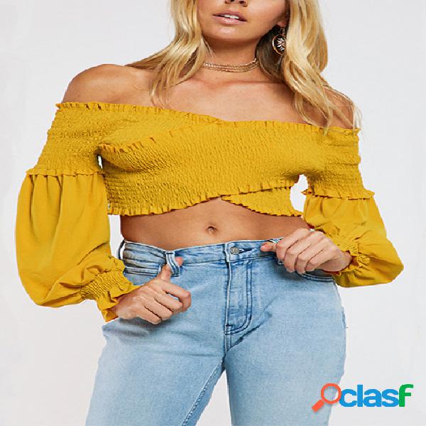 Yellow Off-the-shoulder Lantern Sleeves Crop Top