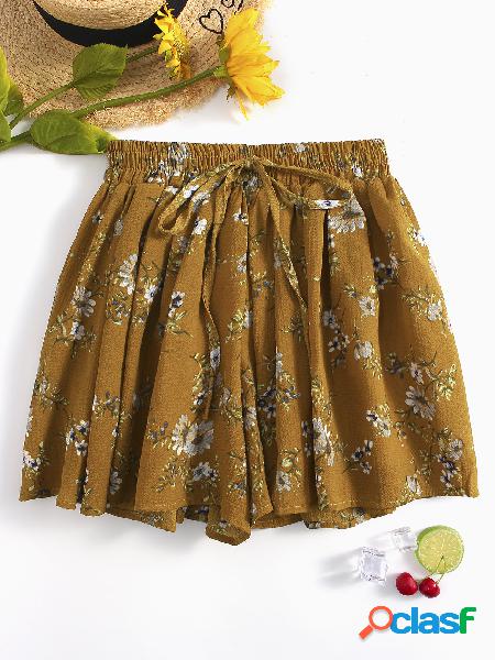 Yellow Random Floral Print Drawstring waist Shorts