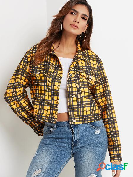Yellow Single Breasted Design Grid Classic Collar Long