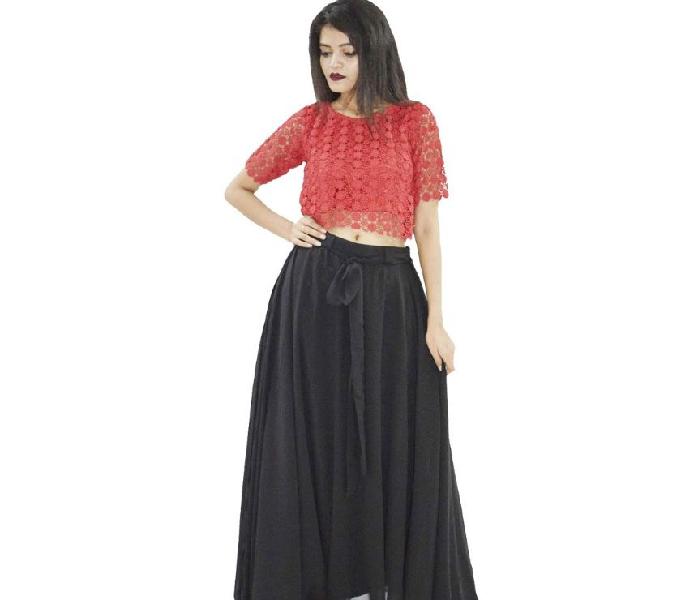 Rajkumari Women's Maroon Net Fabric Top & Black Georgette Sk