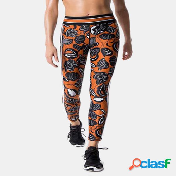 Active Floral Print High-Waisted Sports Pants in Orange