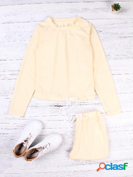 Active Round Neck Drawstring Waist Tracksuit in Beige