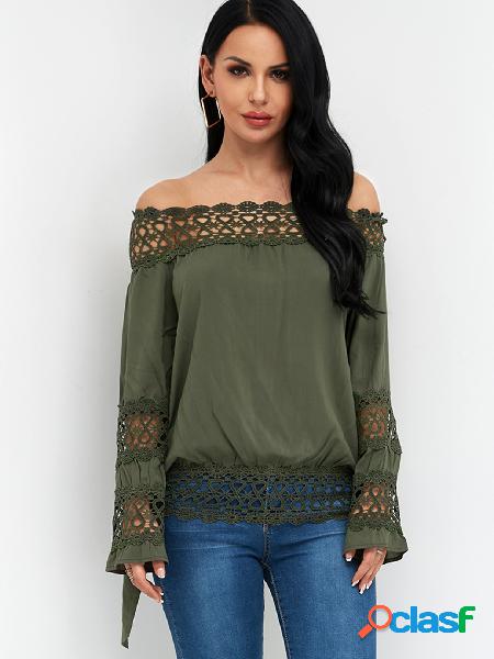 Army Green Hollow Design Plain Off The Shoulder Long Sleeves