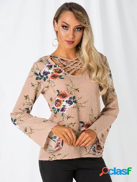 Beige Crossed Front Design Random Floral Print Bell Sleeves