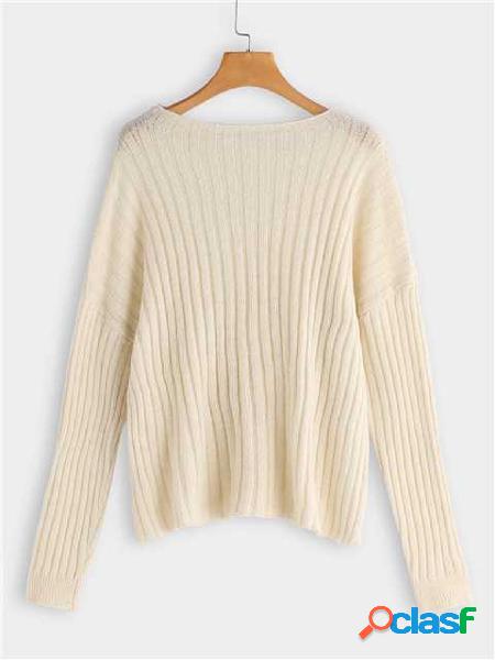 Beige Round Neck Lantern Sleeves Casual Sweater