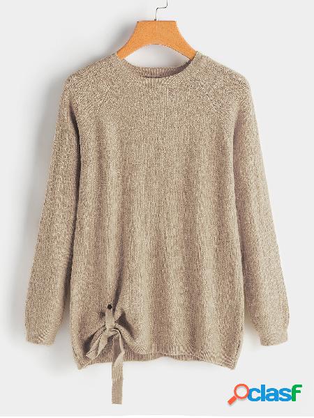 Beige Tie-up Design Round Neck Long Sleeves Knitting