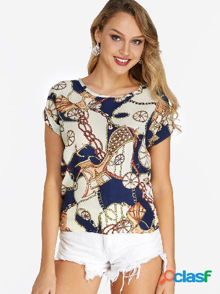 Beige Wheel Printed Round Neck Short Sleeves T-shirt