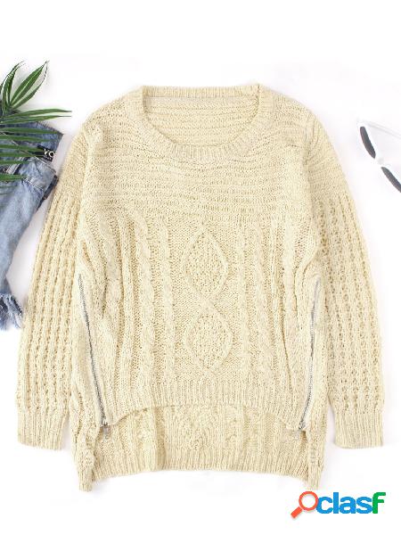 Beige Zipper Design Round Neck Long Sleeves Sweater