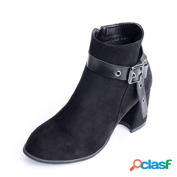 Black Buckle Design Block Ankle Boots