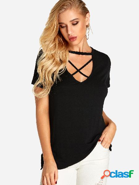 Black Crossed Front Design Deep V Neck T-shirt