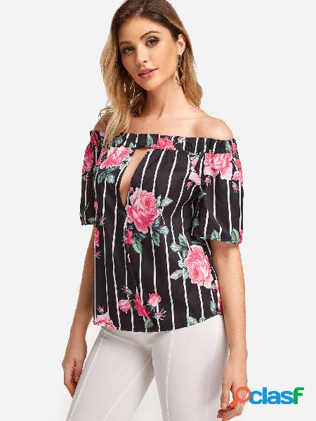 Black Cut Out Random Floral Print Bateau Short Sleeves