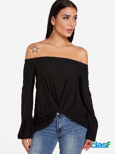 Black Knotted Front Design Plain Off The Shoulder Long