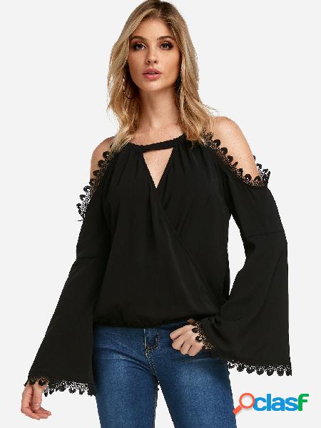 Black Plain Choker Neck Bell Sleeves Wrap Design Blouses