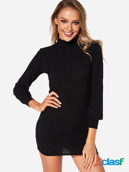 Black Plain Turtleneck Long Sleeves Sweater Dress