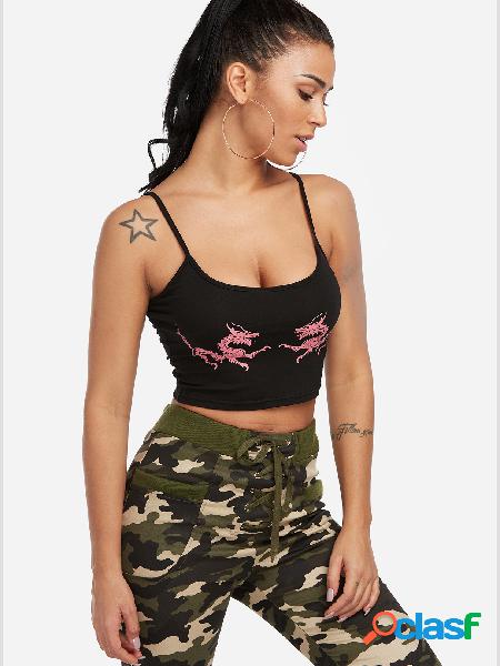 Black Printed Scoop Neck Sleeveless Mini Gym Tops