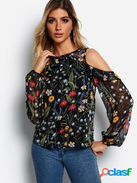 Black Random Floral Print Cold Shoulder Flounced Details