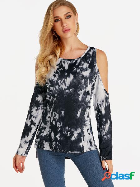 Black Random Floral Print Cold Shoulder Long Sleeves Slit