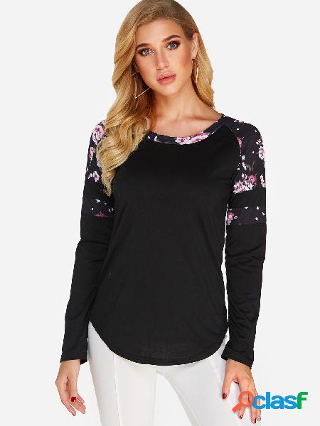 Black Random Floral Print Crew Neck Long Sleeves T-shirts