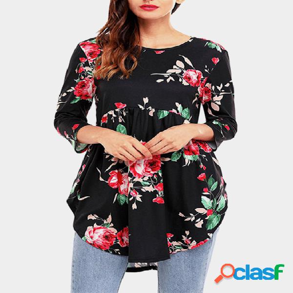 Black Random Floral Print Round Neck T-shirt