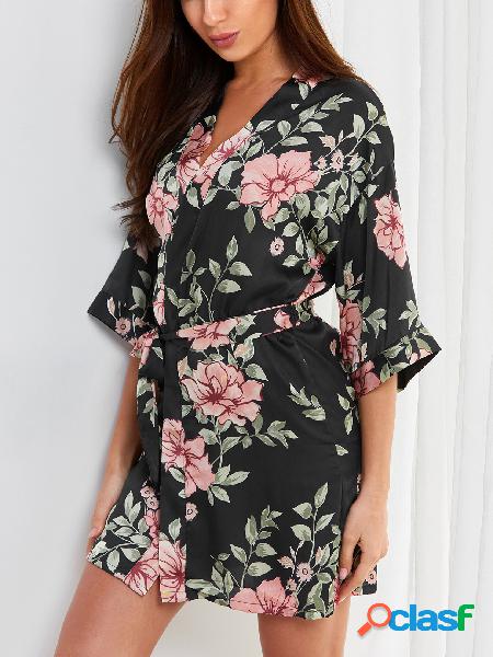 Black Satin Random Floral Print Robe Pajamas