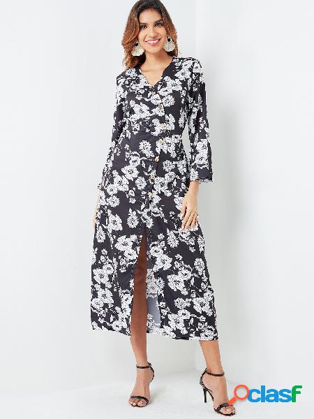 Black Single Breasted Random Floral Print Surplice Dress