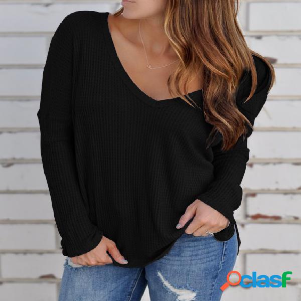 Black Slit Side Wide V-neck Long Sleeves Knitted Top