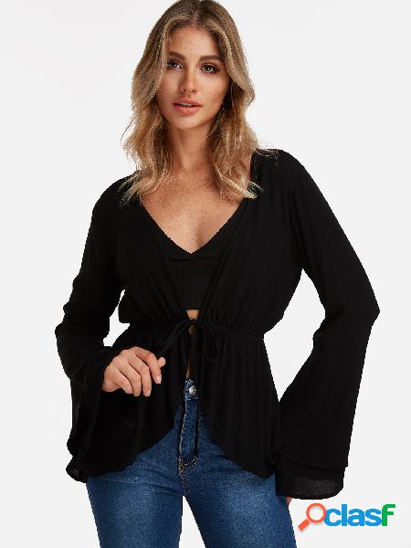 Black Tie-up Design Bell Sleeves Cardigans