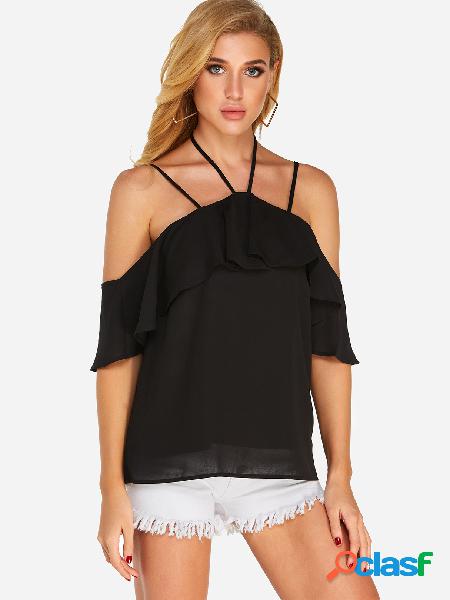 Black Tiered Design Halter Design Short Sleeves Blouse