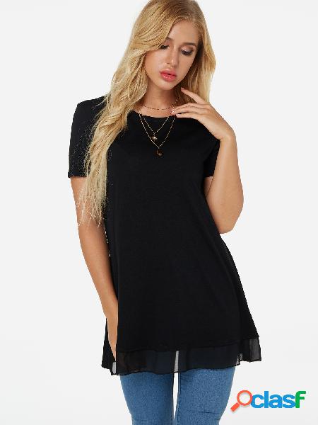 Black Tiered Design Plain Crew Neck Short Sleeves T-shirt