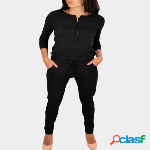 Black Zipper 3/4 Length Sleeves Drawstring Waist Jumpsuit