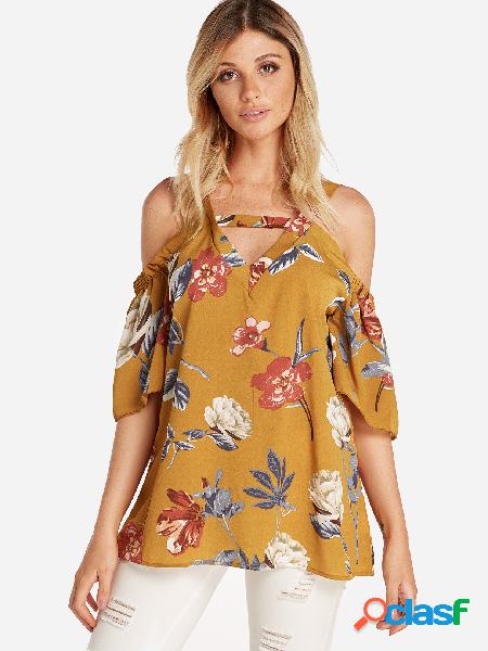 Blown V-neck Cutout Keyhole Cold Sholder Floral Blouse