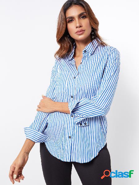 Blue Casual Striped Button-Down Shirt