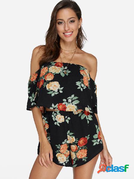 Blue Floral Print Off The Shoulder Short Sleeves Top & Short