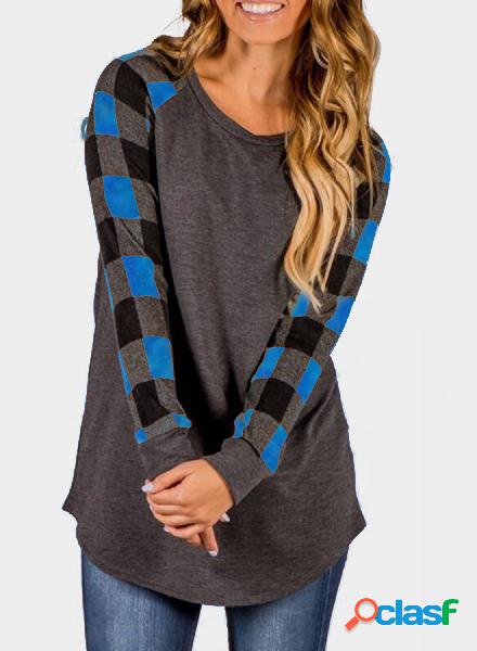 Blue Grid Pattern Long Sleeves Curved Hem T-shirt