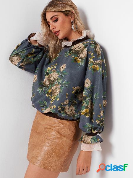 Blue Random Floral Print Round Neck Flared Sleeves