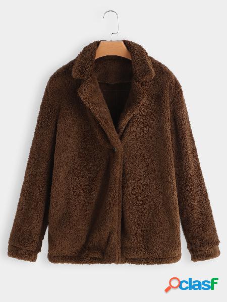 Brown Lapel Collar Long Sleeves Faux Fur Coat