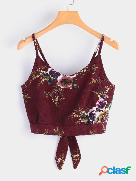 Burgundy Backless Design Random Floral Print V-neck