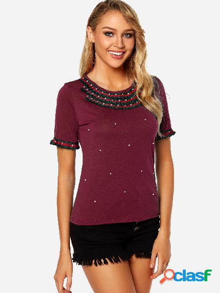 Burgundy Crew Neck Pearl Embellished T-shirt