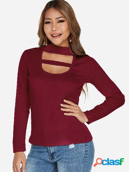 Burgundy Cut Out Plain Perkins Collar Long Sleeves T-shirts