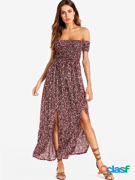 Burgundy Floral Print Off Shoulder Slit Hem Maxi Dresses