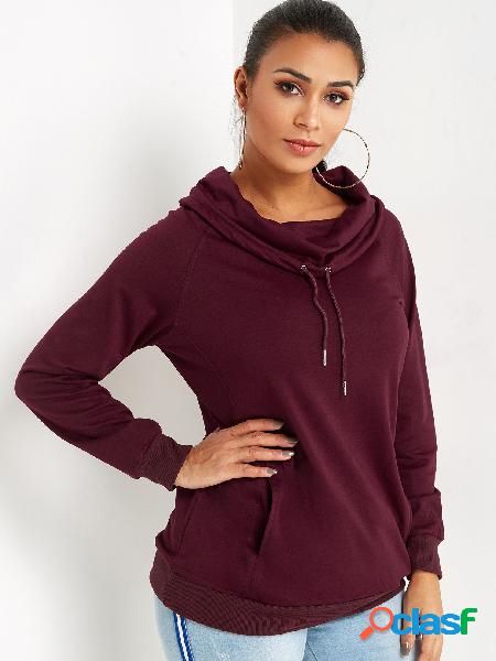 Burgundy High Neck Long Sleeves Side Pocket Sweatshirt