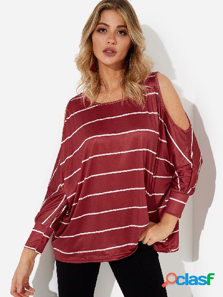 Burgundy Stripe Cold Shoulder Long Bat Sleeves Top