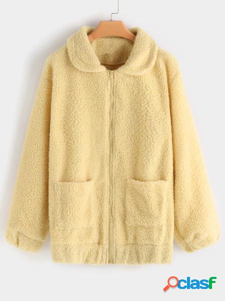 Camel Zip Front Closure Lapel Collar Long Sleeves Coat With