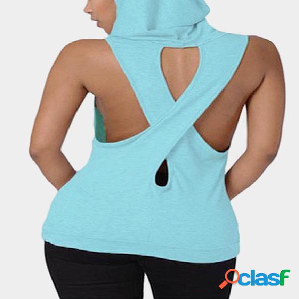 Casual Cross at Back Sleevless Hoodie Sweatshirt in Blue