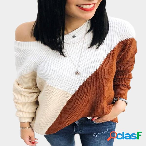 Color Block Adjustable Neckline Long Sleeves Loose Sweaters