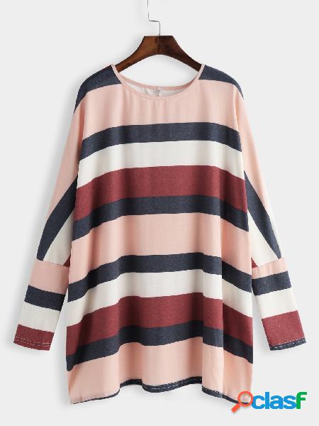 Color Block Stripe Round Neck Bat Sleeves Loose T-shirts