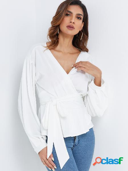 Crossed Front Design Self-tie Waist Lantern Sleeves White